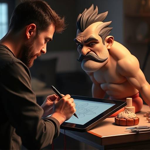 Animation artist creating a 3D character on a tablet