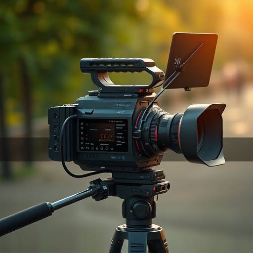 Professional video camera filming a scene outdoors